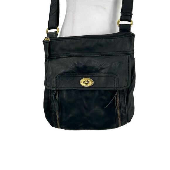 Vintage Fossil Black Leather Crossbody Front Flap Pocket Note Photos For Flaws - Picture 3 of 16